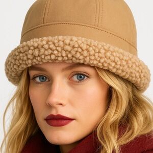 Camel Sherpa Trim Cloche Winter Hat • Cozy Warm Fleece Style • New & Adjustable
